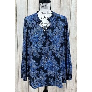 Tommy Hilfiger Blue Floral Blouse Size Medium Long‎ Sleeve Tunic Lightweight